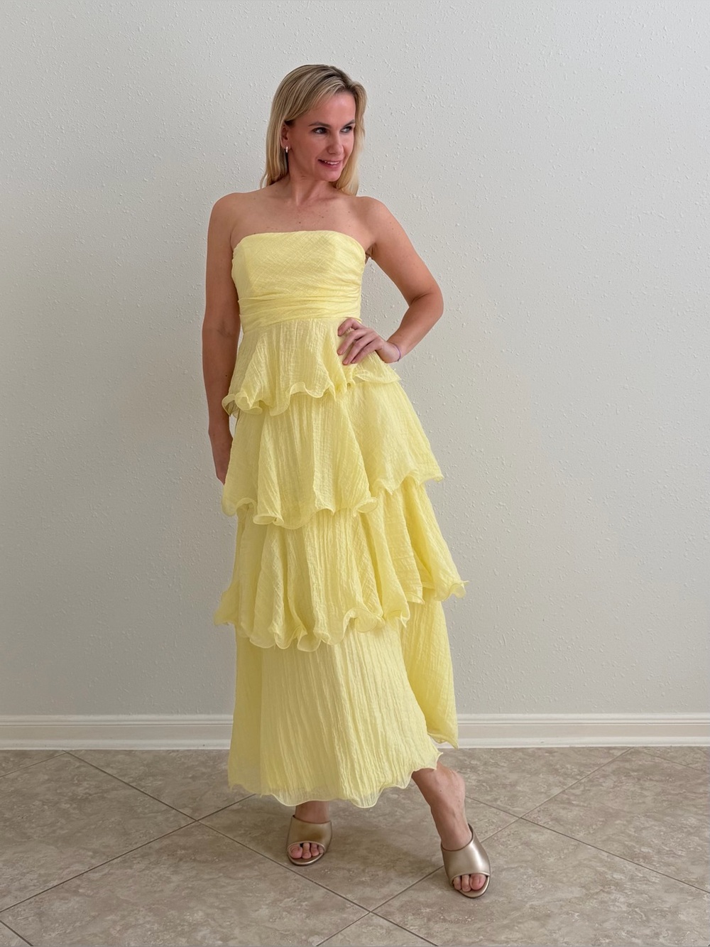 Here Comes The Sun Yellow Strapless Tiered Ruffle Maxi Dress Size S